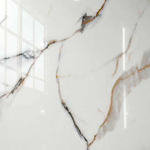 Het plaatmateriaal Calacatta goud van dichtbij, hoogglans